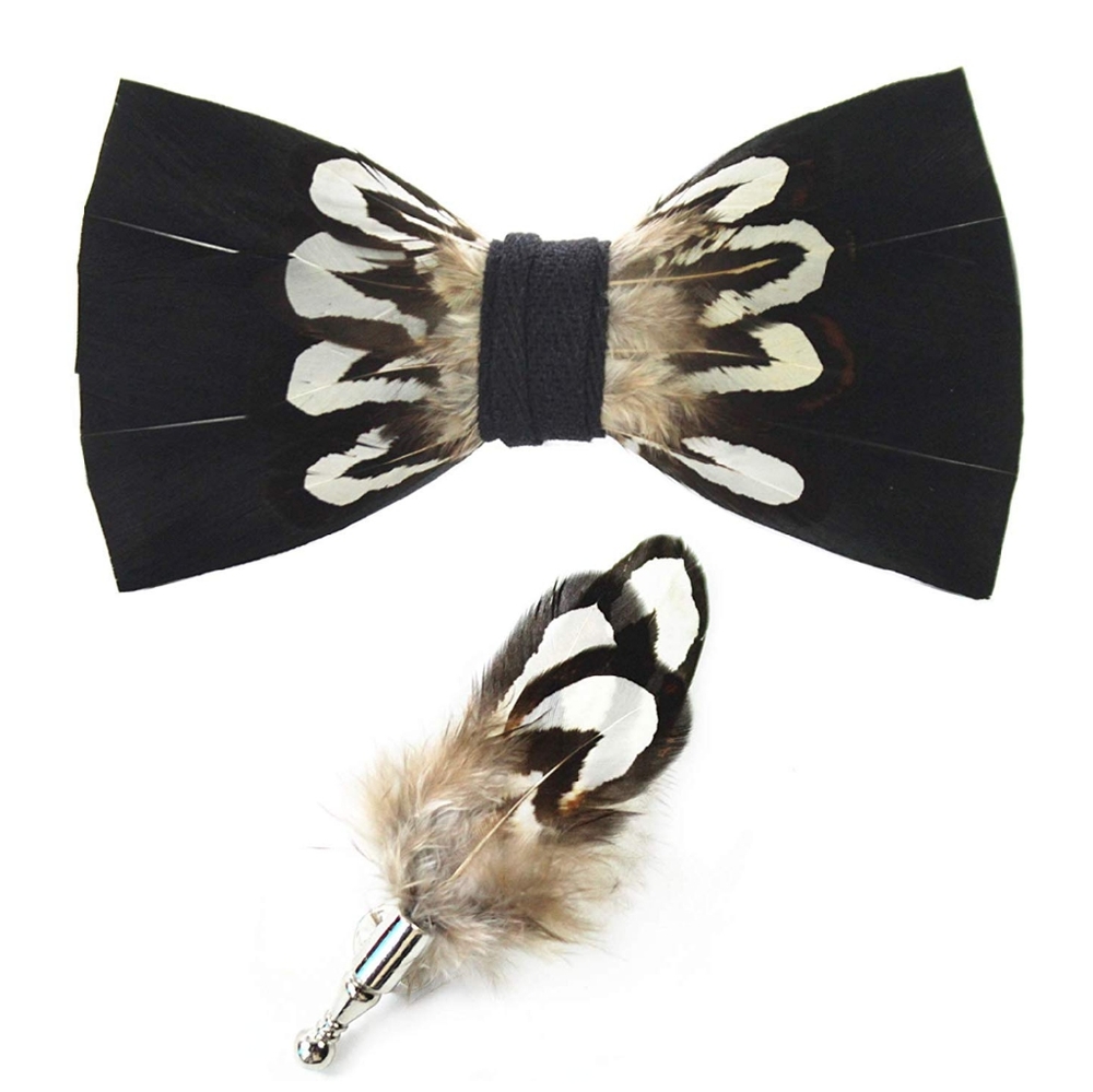 Mens Natural Feather Pre Tied Bow Tie & Lapel Pin